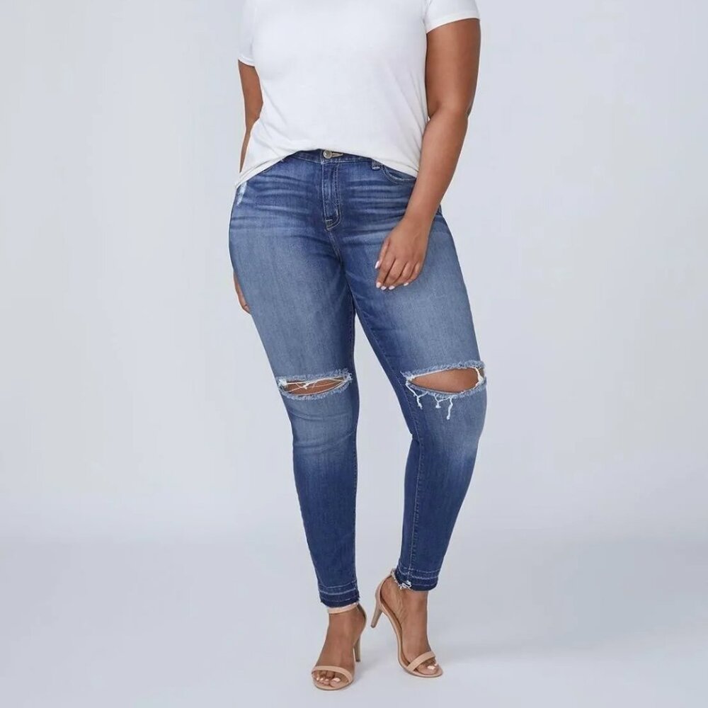Jeans 20 Lane Bryant Blue Re/Made L.A. Skinny Distressed Slashed Raw Hem Plus
